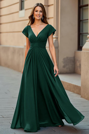 Pine Long Chiffon A Line V-Neck Mother of the Bride Dress
